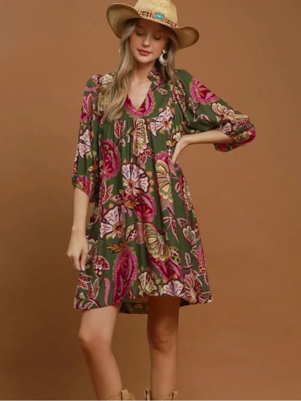 Made in Italy Olive Green Floral Boho Swing Dress - V-Neck M/L